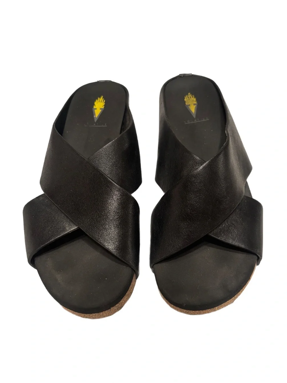 Volatile Black Leather Slide Sandals Size 8 Minimalist Cork Footbed Comfort